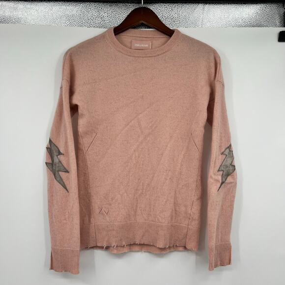Zadig & Voltaire cici patch pink pullover 100% cashmere sweater flaws size small - Picture 6 of 9